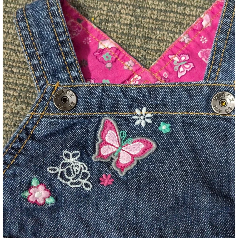 The Childrens Place Overall‎ Skirt 6-9 Months Denim Embroidered Flowers Ruffled